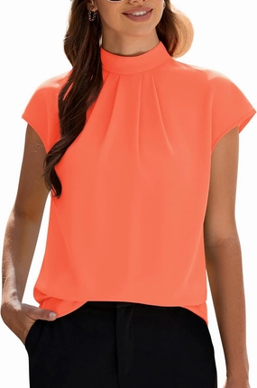 Funlingo Womens Summer Tops Mock Neck Short Cap Sleeve Blouses Business Casual Work Chiffon Shirts Front Pleated Tunic Top