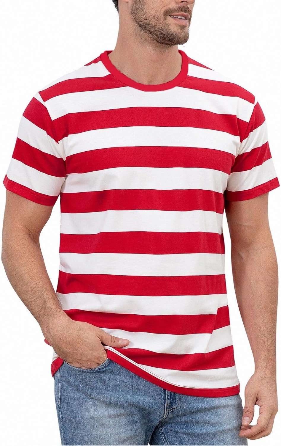 Funny World Men's Cotton Striped T-Shirt Crew Neck Short Sleeves Basic Casual Top