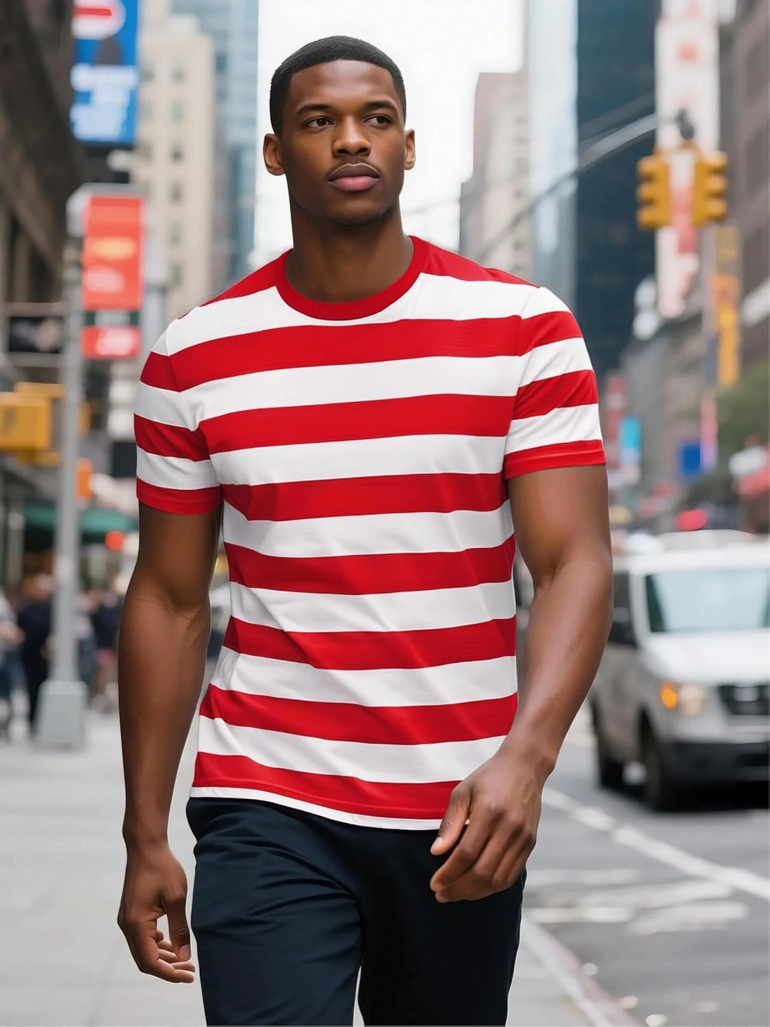 Funny World Men's Cotton Striped T-Shirt Crew Neck Short Sleeves Basic Casual Top