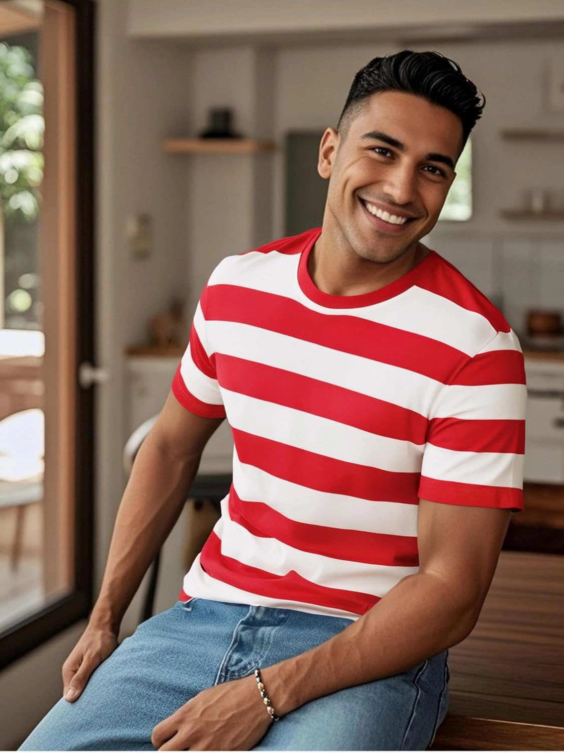 Funny World Men's Cotton Striped T-Shirt Crew Neck Short Sleeves Basic Casual Top