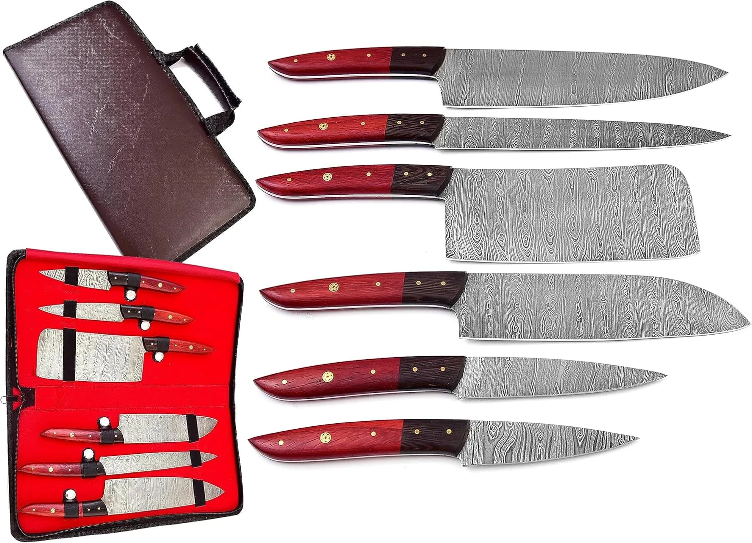 G30 Professional Kitchen Knives Damascus Steel Utility Chef Kitchen Knife Set Red Patook & Wenge Wood with Chopper/Cleaver Pocket Case Chef Knife Roll Bag G30 (1030)