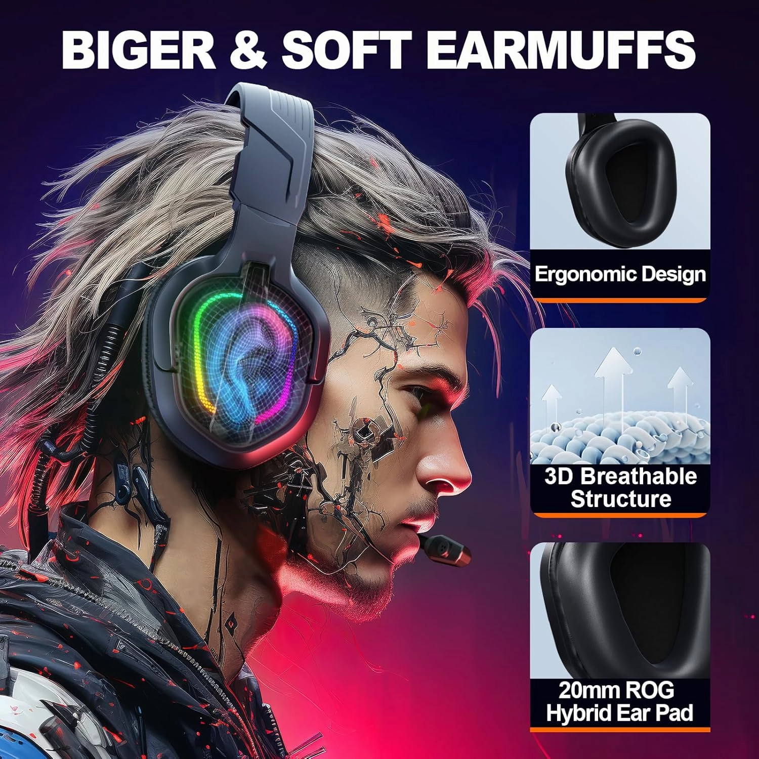 Gaming Headset for PS4, PS5, PC, Mac, Xbox Series X, Noise Canceling Headphones with Microphone, PG2 Computer Headset with 3.5mm Jack & RGB Light Black