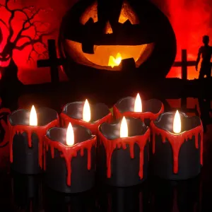 GenSwin Halloween LED Votive Candles with Long Lasting Batteries, Flameless Flickering with 6H Timer, 6 Real Wax Black and Red Candles for Home Decor