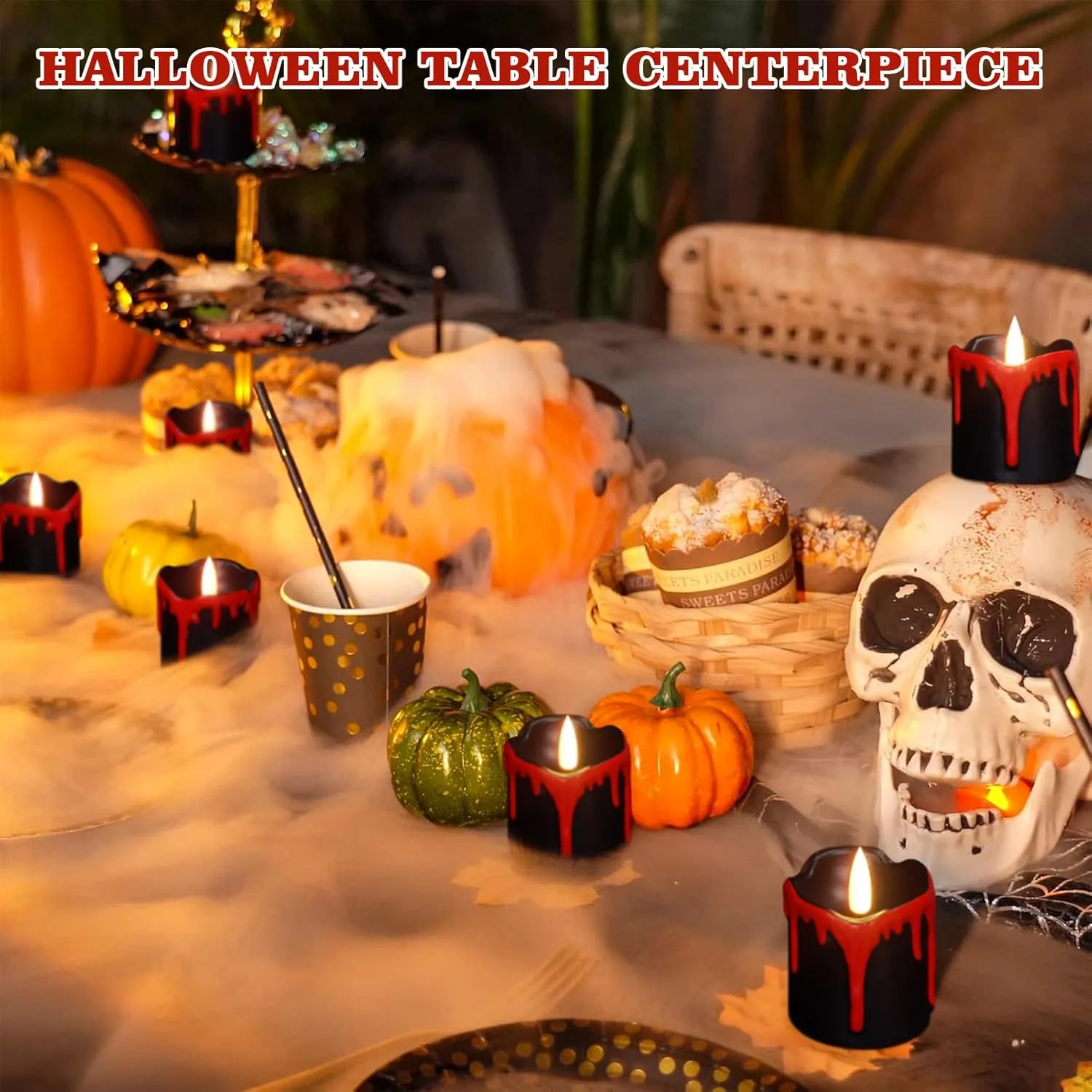 GenSwin Halloween LED Votive Candles with Long Lasting Batteries, Flameless Flickering with 6H Timer, 6 Real Wax Black and Red Candles for Home Decor