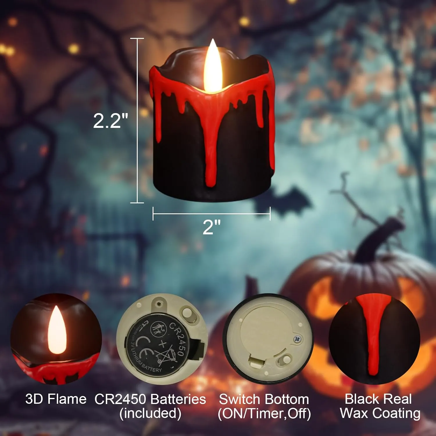 GenSwin Halloween LED Votive Candles with Long Lasting Batteries, Flameless Flickering with 6H Timer, 6 Real Wax Black and Red Candles for Home Decor