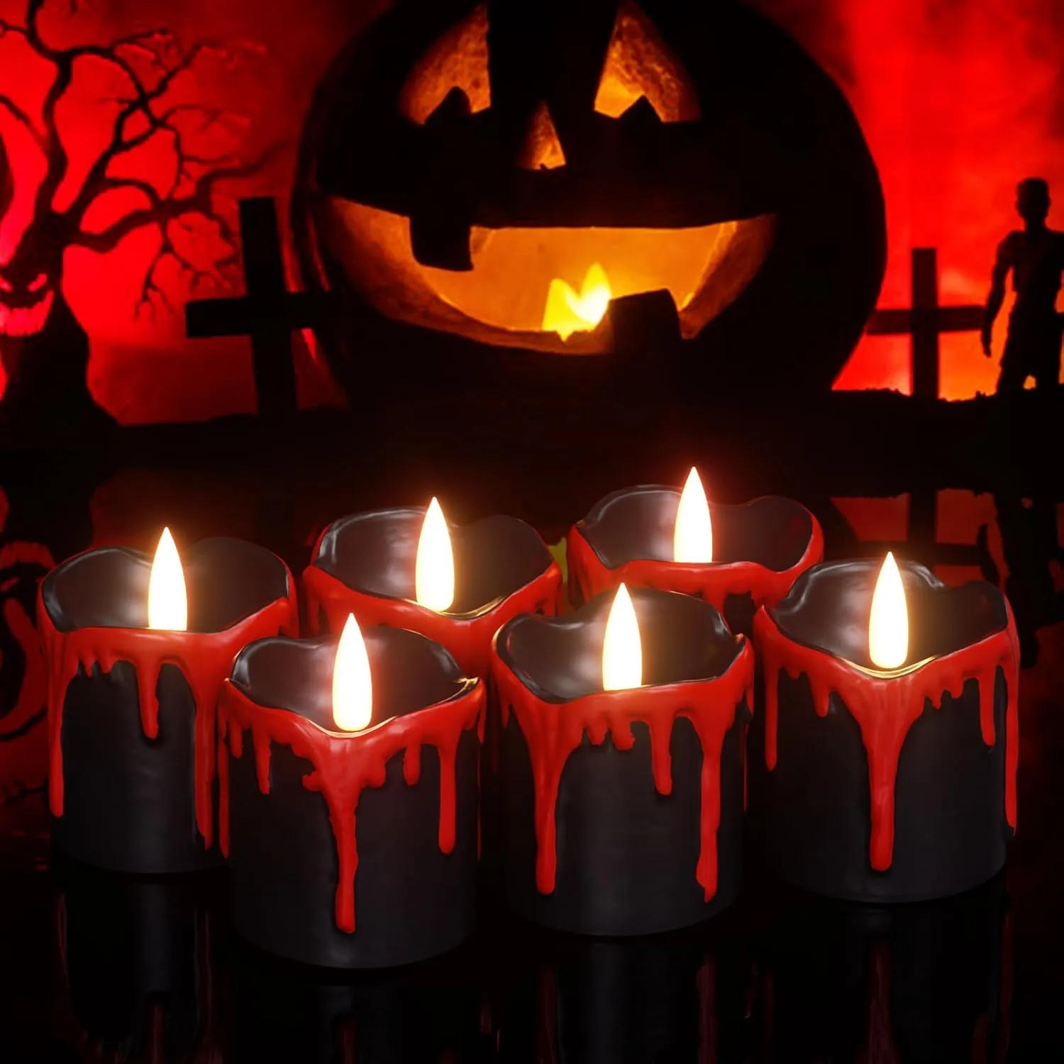 GenSwin Halloween LED Votive Candles with Long Lasting Batteries, Flameless Flickering with 6H Timer, 6 Real Wax Black and Red Candles for Home Decor
