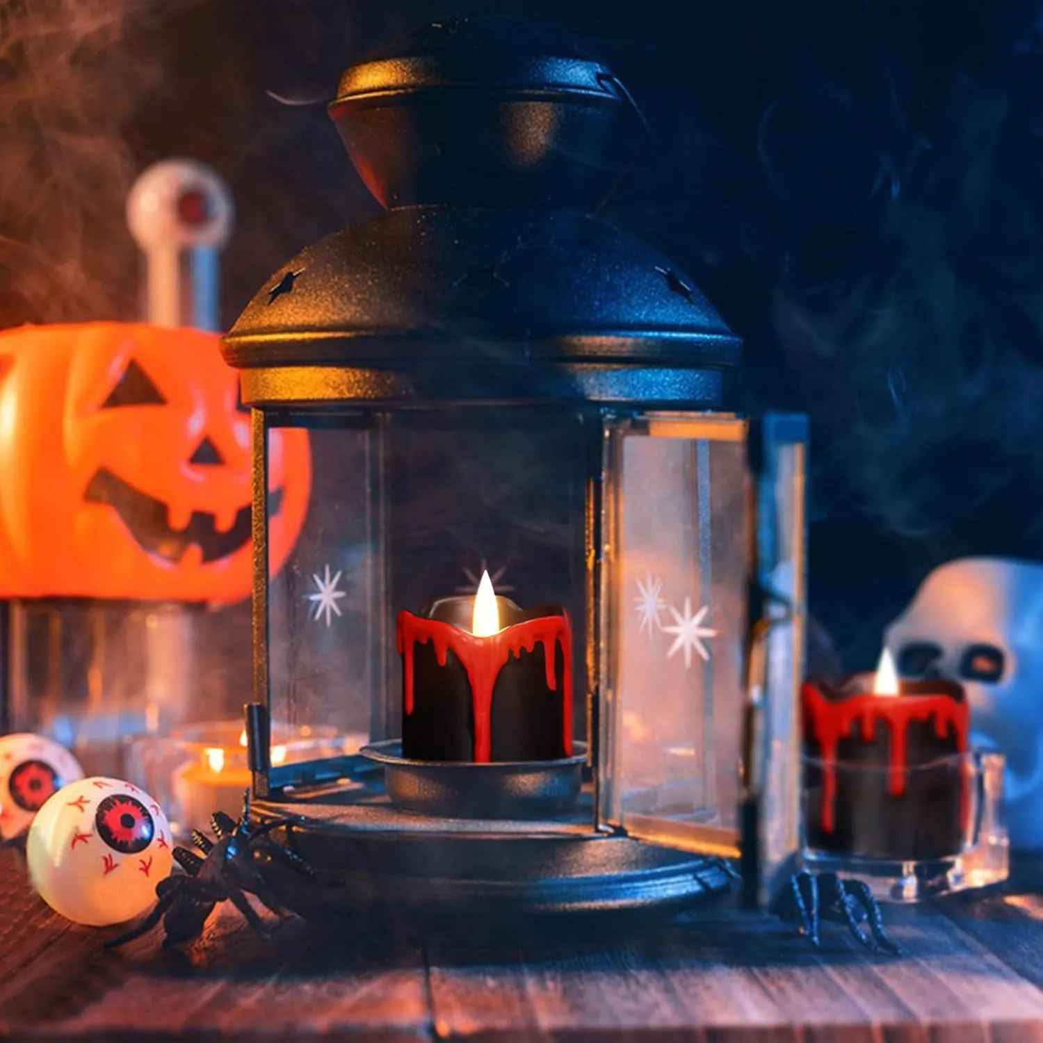 GenSwin Halloween LED Votive Candles with Long Lasting Batteries, Flameless Flickering with 6H Timer, 6 Real Wax Black and Red Candles for Home Decor