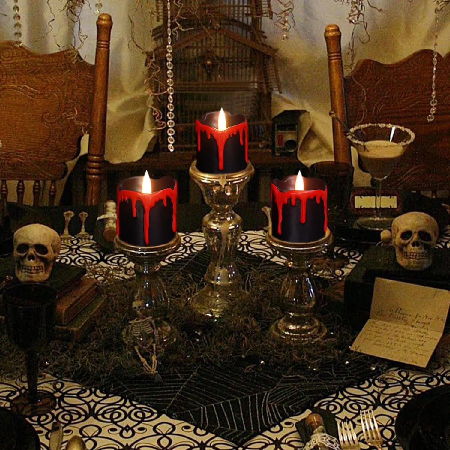 GenSwin Halloween LED Votive Candles with Long Lasting Batteries, Flameless Flickering with 6H Timer, 6 Real Wax Black and Red Candles for Home Decor