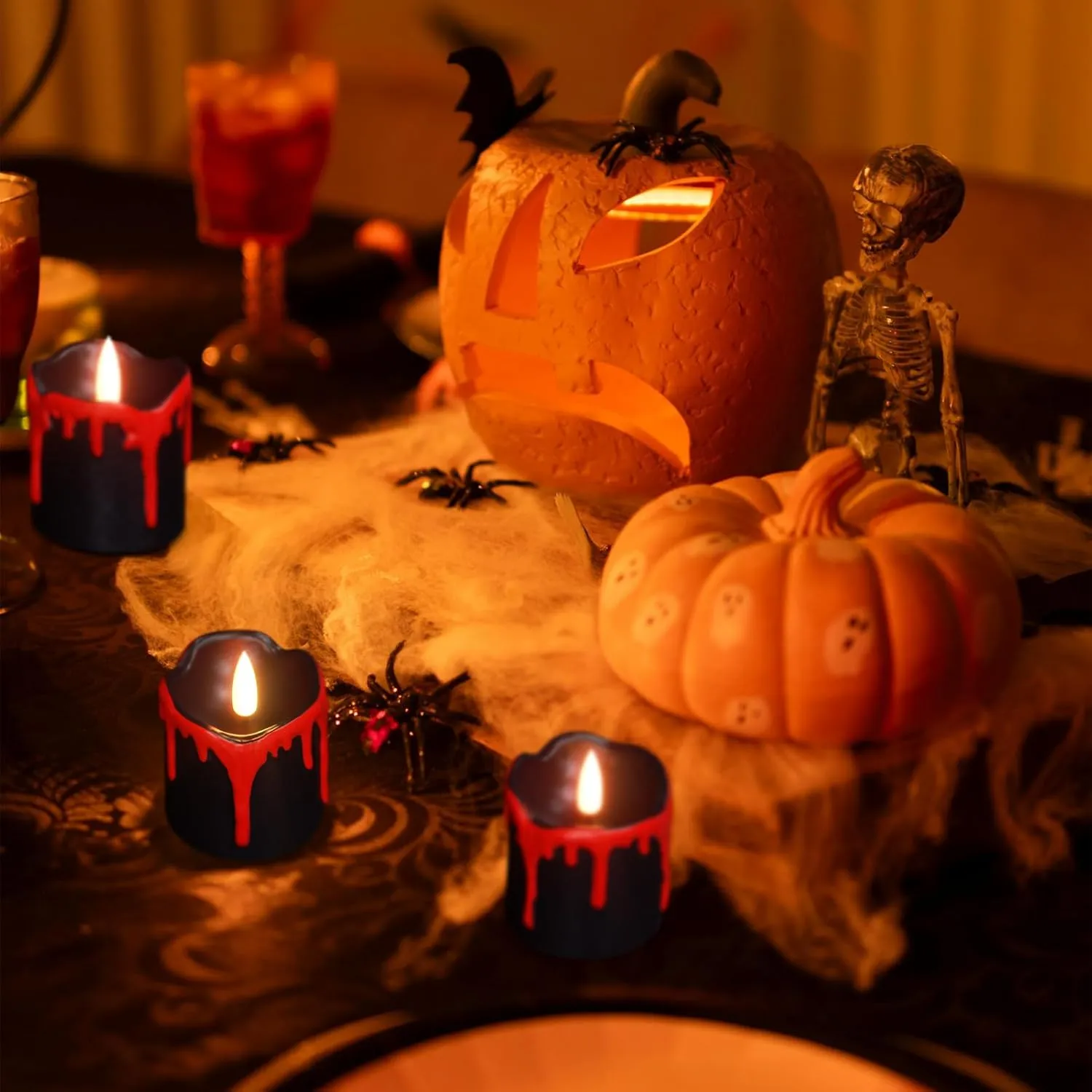 GenSwin Halloween LED Votive Candles with Long Lasting Batteries, Flameless Flickering with 6H Timer, 6 Real Wax Black and Red Candles for Home Decor