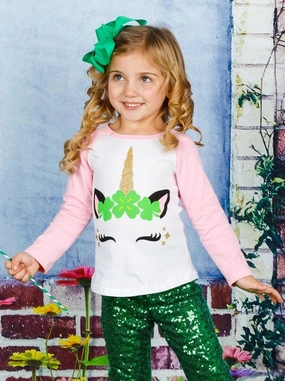 Girls St. Patrick's Day Themed Long Sleeve Shiny Unicorn Clover Top