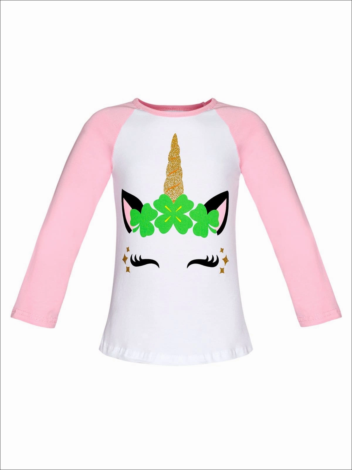 Girls St. Patrick's Day Themed Long Sleeve Shiny Unicorn Clover Top