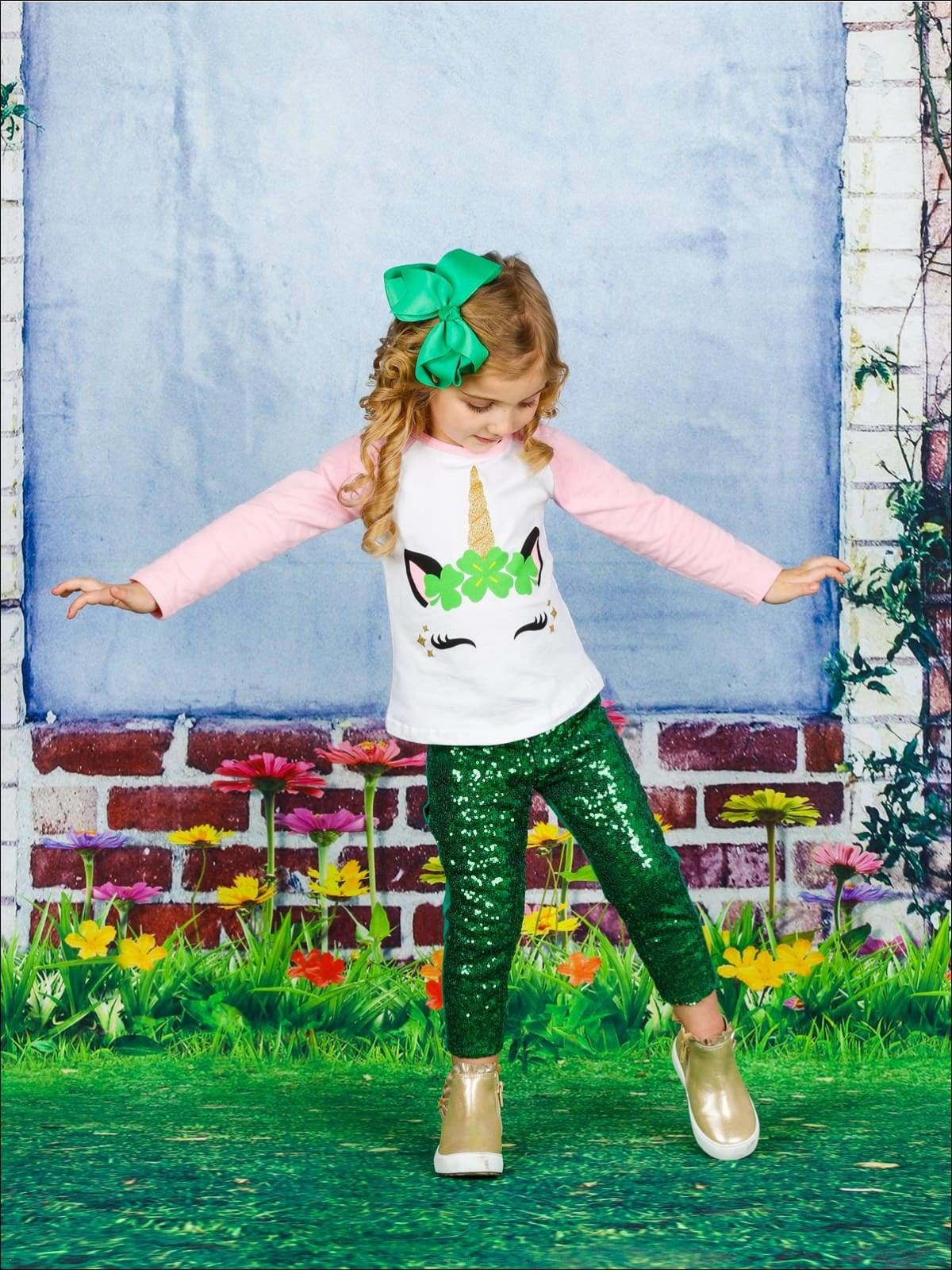 Girls St. Patrick's Day Themed Long Sleeve Shiny Unicorn Clover Top