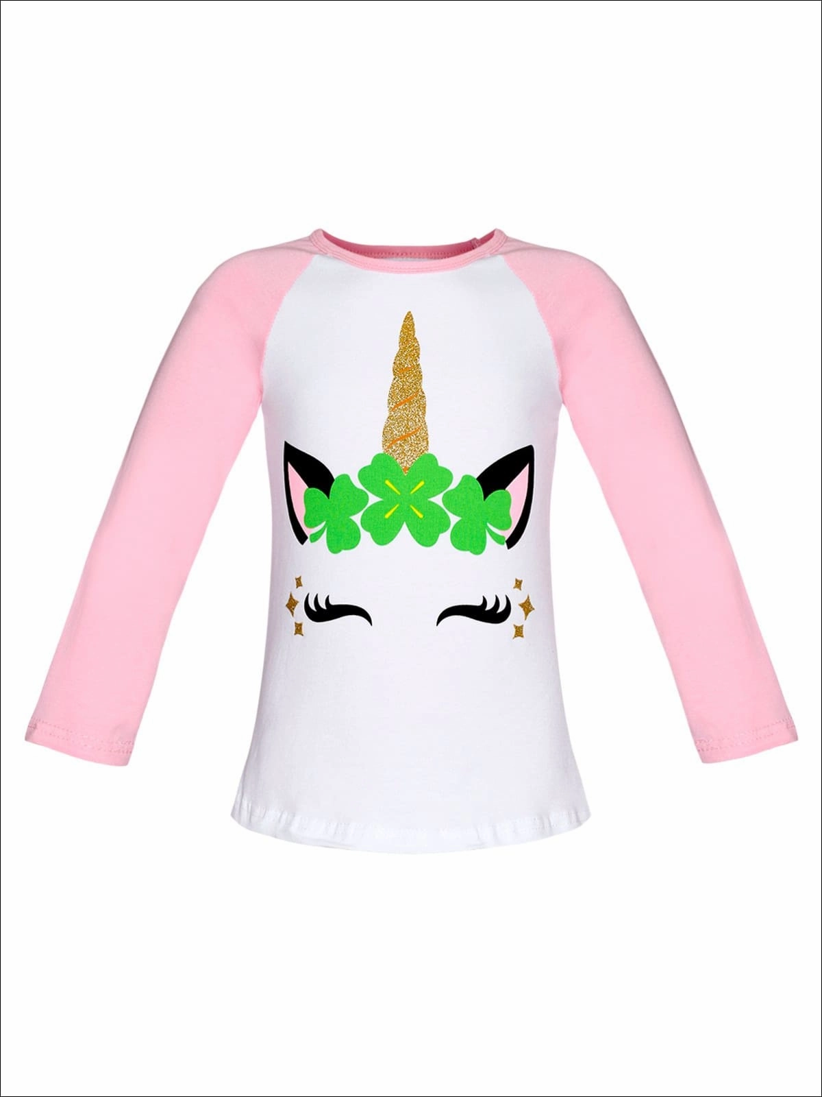 Girls St. Patrick's Day Themed Long Sleeve Shiny Unicorn Clover Top