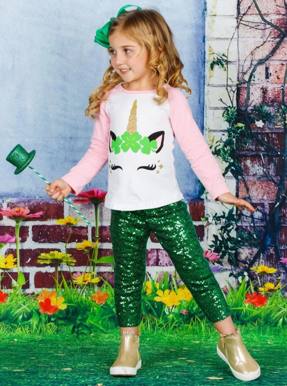 Girls St. Patrick's Day Themed Long Sleeve Shiny Unicorn Clover Top