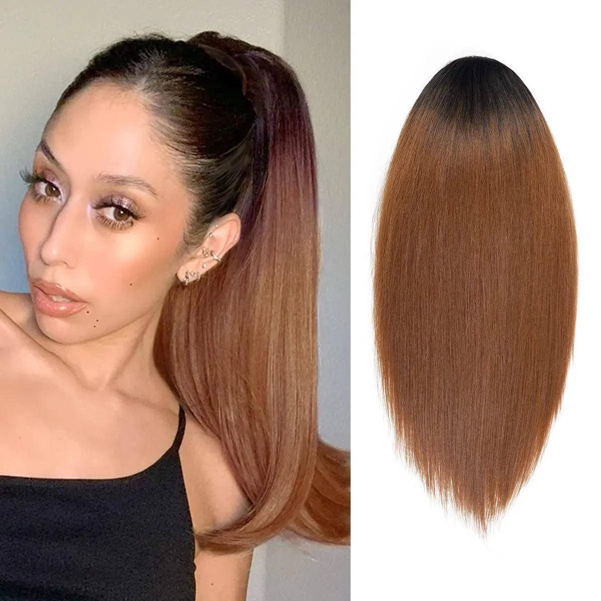 GLAM21USA Straight 18 Inch Long Drawstring Ponytail Extension for Black Women Natural Clip in Hair Extension Fake Ponytail Synthetic Hair Piece (18 Inch, OT1B/27/30)