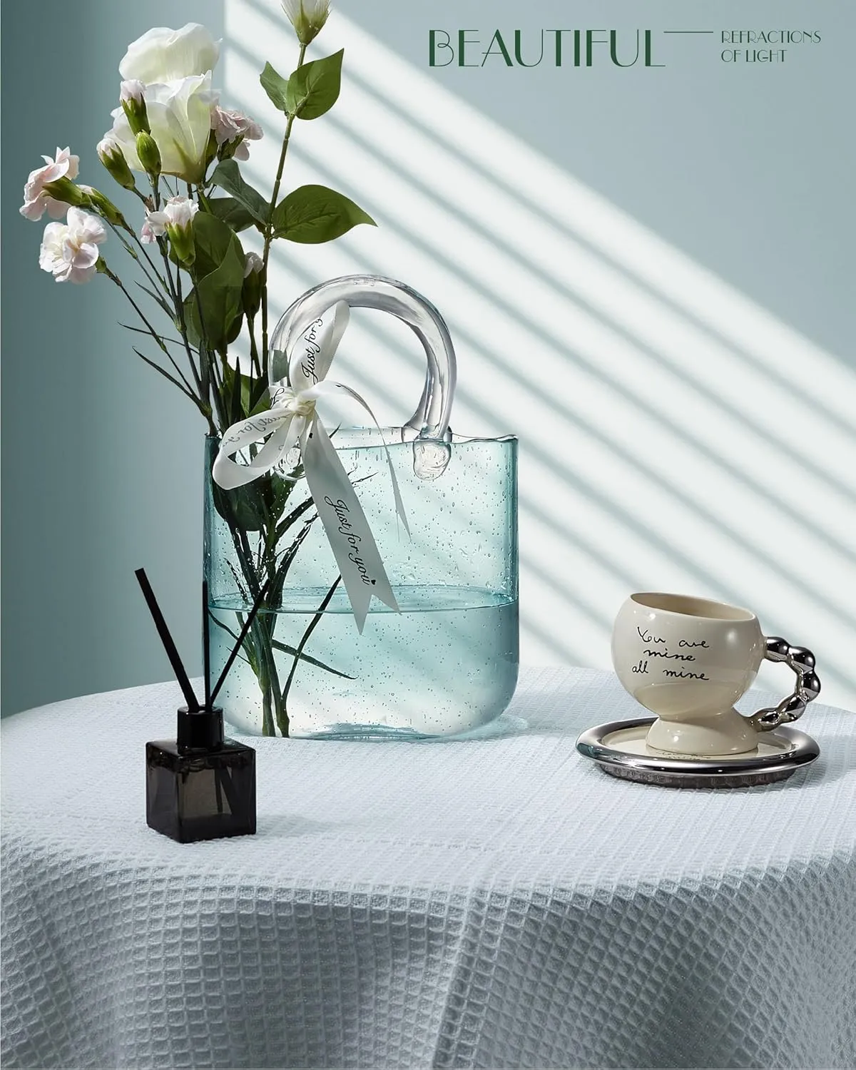 Glass Bag vase, Purse vase with Fish Bowl, Handbag Shape Flower vase - for Home Décor, enterpiece, Events, Office, Garden, Wedding (Light Blue)