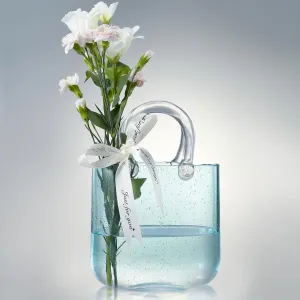 Glass Bag vase, Purse vase with Fish Bowl, Handbag Shape Flower vase - for Home Décor, enterpiece, Events, Office, Garden, Wedding (Light Blue)