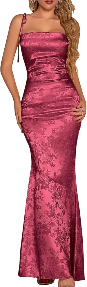 GLNEGE Women's Satin Bodycon Maxi Dress Elegant Formal Spaghetti Strap Cowl Neck Evening Party Dresses