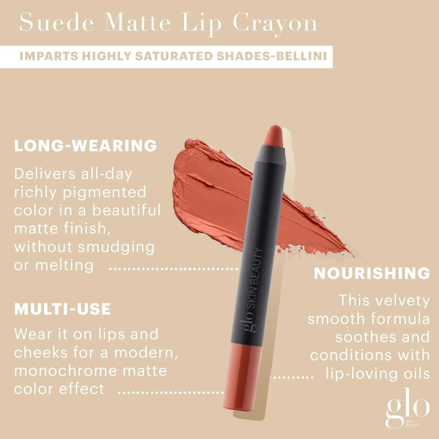 Glo Skin Beauty Suede Matte Lip Crayon (Bellini) - Longwearing Formula Stays On All Day, With Conditioning Shea Butter   Mango Seed Oil for a Velvety Smooth Finish
