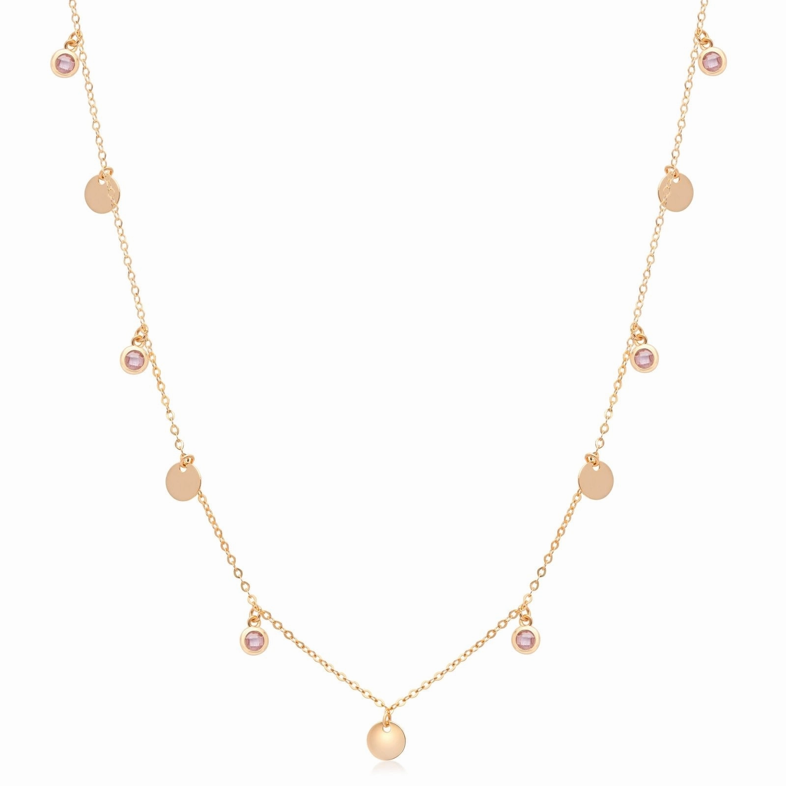 Gold Disc and Pink Tourmaline Drop Station Necklace  Bezel