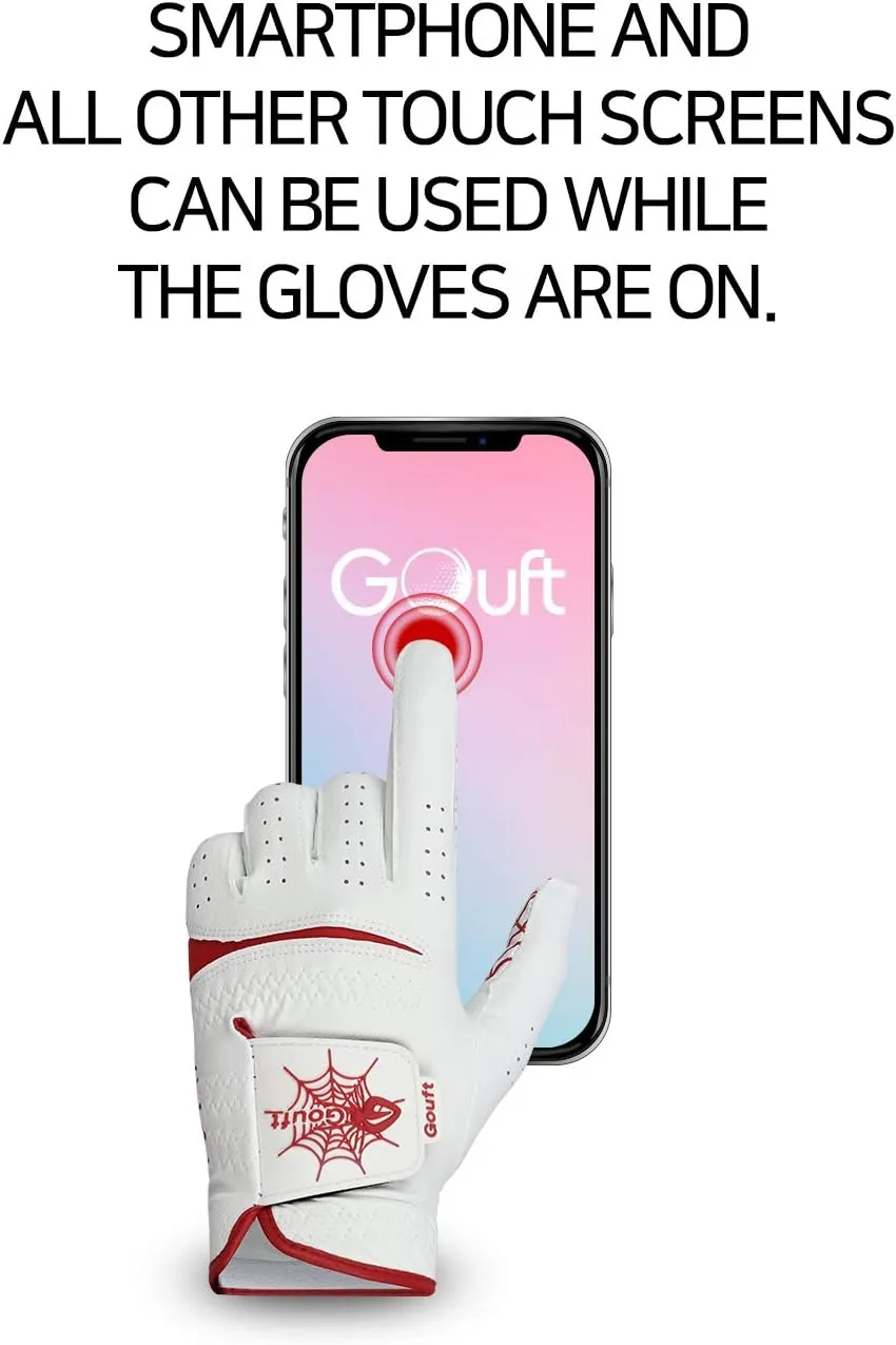 GOuft Spiderweb Golf Glove White Edition -RED : Durable Suede: All Weather Golf Glove, Good Grip, Feel Soft/Comfort, and Long Lasting: Washable Glove