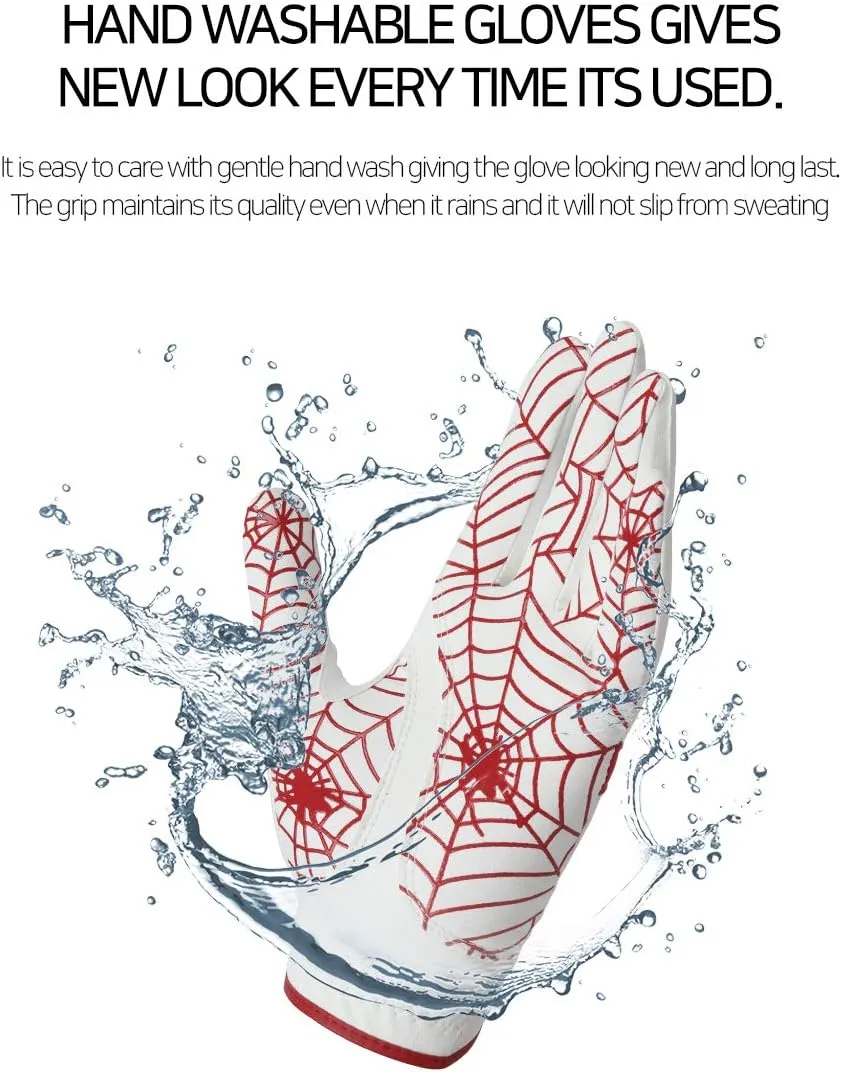 GOuft Spiderweb Golf Glove White Edition -RED : Durable Suede: All Weather Golf Glove, Good Grip, Feel Soft/Comfort, and Long Lasting: Washable Glove