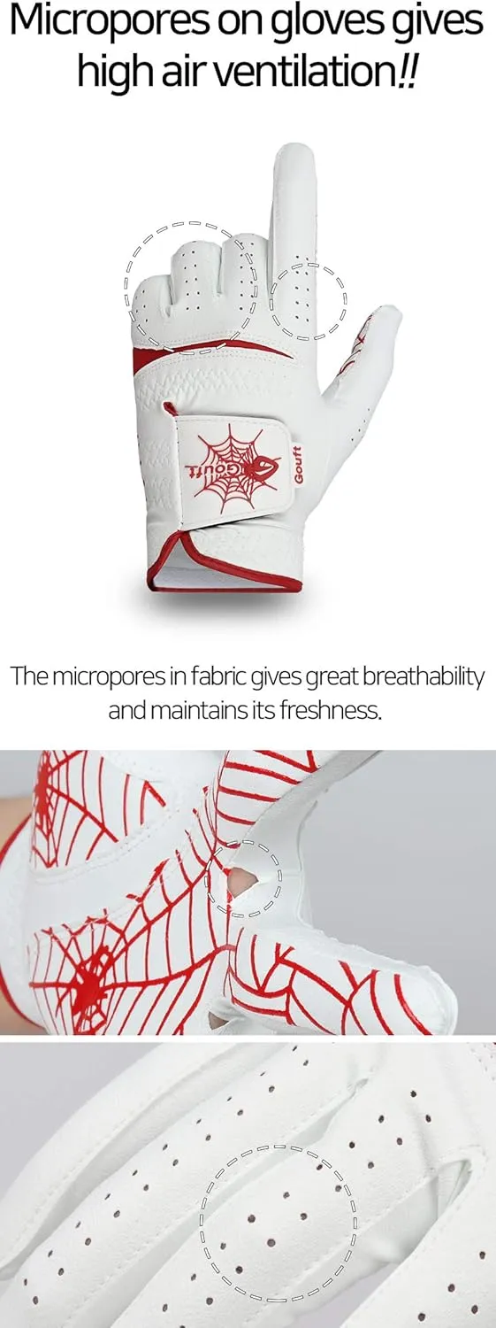GOuft Spiderweb Golf Glove White Edition -RED : Durable Suede: All Weather Golf Glove, Good Grip, Feel Soft/Comfort, and Long Lasting: Washable Glove