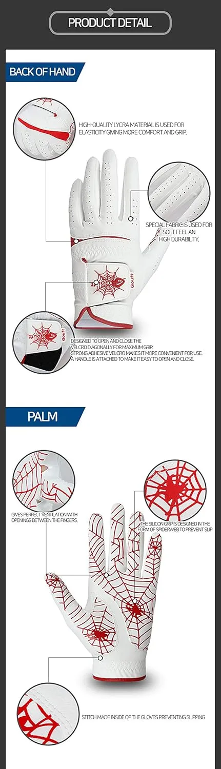 GOuft Spiderweb Golf Glove White Edition -RED : Durable Suede: All Weather Golf Glove, Good Grip, Feel Soft/Comfort, and Long Lasting: Washable Glove