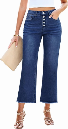 GRAPENT Capri Jeans for Women Trendy High Waisted Wide Leg Flare Button Fly Stretchy Denim Pants Raw Hem Cropped Jeans