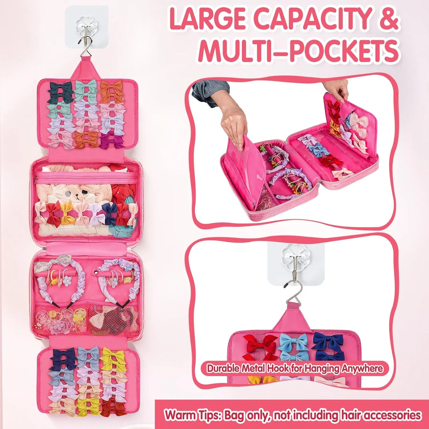Hair Accessories Organizer, Shiny Bow Holder for Baby Girls, Travel Hair Storage Bag for Hair Clips, Headbands, Scrunchies and Hair Ties(Pink)