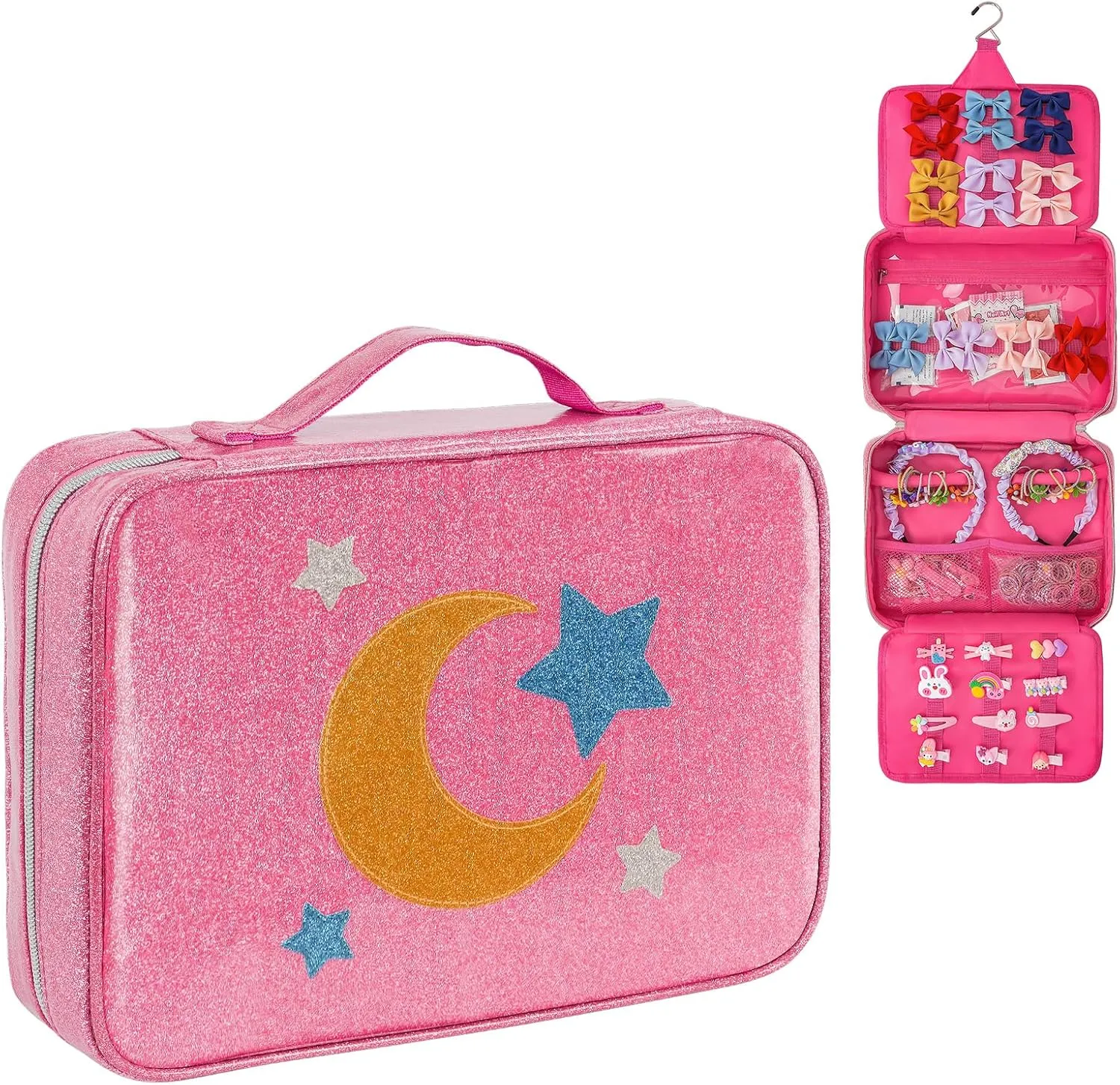 Hair Accessories Organizer, Shiny Bow Holder for Baby Girls, Travel Hair Storage Bag for Hair Clips, Headbands, Scrunchies and Hair Ties(Pink)
