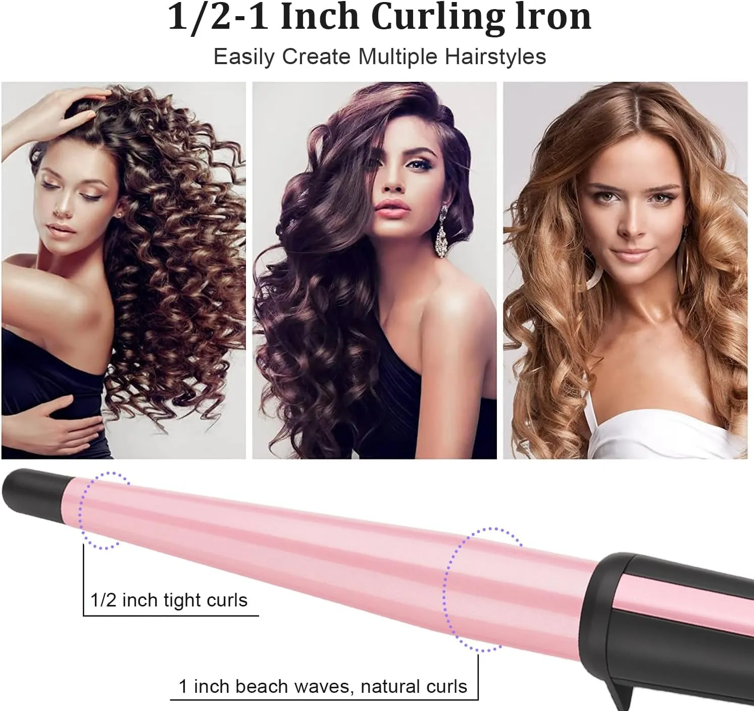 Hair Curling Wand, 0.5-1Inch Tapered Curling Iron, Professional Ceramic Hair Curler Wand with Heat-Resistant Glove, Dual Voltage (Pink)