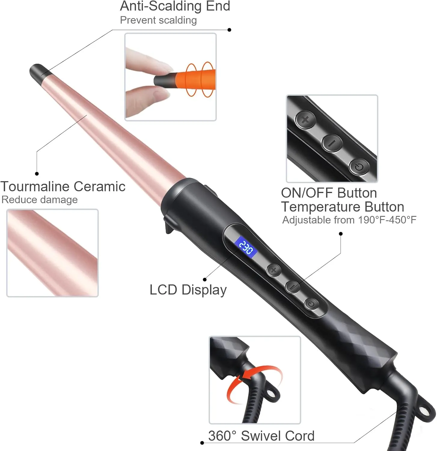 Hair Curling Wand, 1/2-1 Inch Tapered Curling Iron for All Hair Types, Professional Ceramic Hair Curler Wand with Adjustable Temperature 190-450℉, with Heat Resistant Glove, Rose Pink