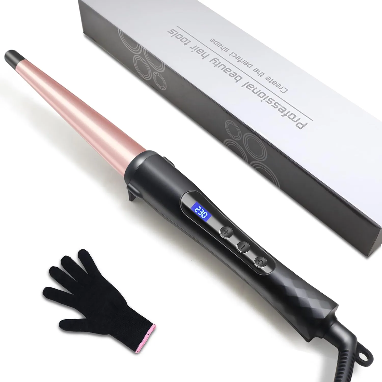 Hair Curling Wand, 1/2-1 Inch Tapered Curling Iron for All Hair Types, Professional Ceramic Hair Curler Wand with Adjustable Temperature 190-450℉, with Heat Resistant Glove, Rose Pink