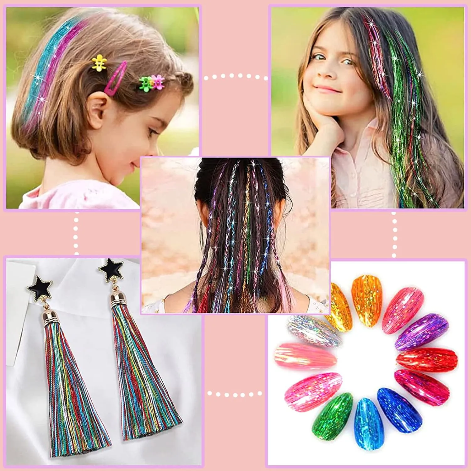 Hair Tinsel Kit (48 Inch, 16 Colors, 5200 Strands), Glitter Tinsel Hair Extensions with Tools, Fairy Heat Resistant Hair Tinsel Accessories for Women Girls Kids