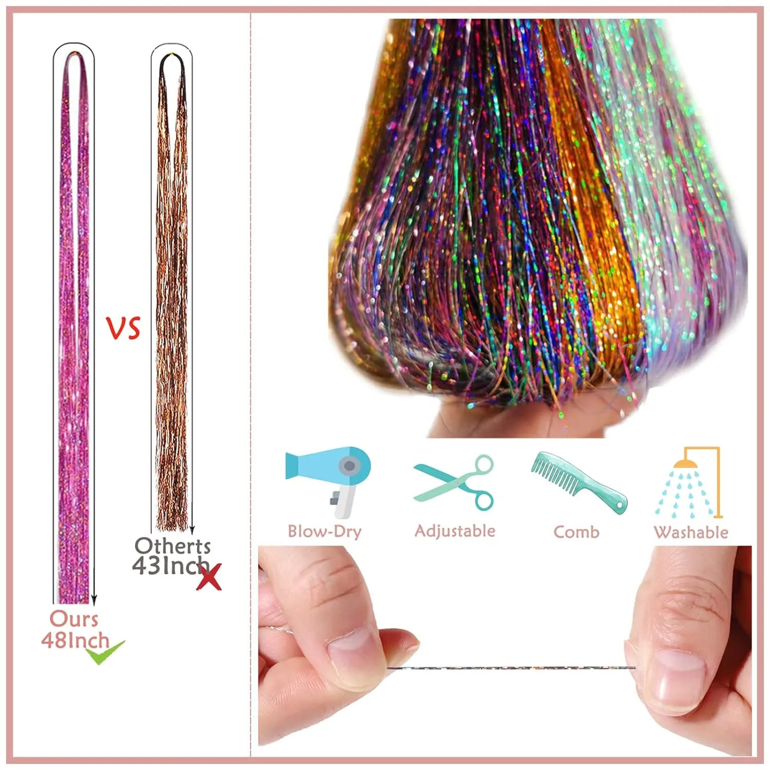 Hair Tinsel Kit (48 Inch, 16 Colors, 5200 Strands), Glitter Tinsel Hair Extensions with Tools, Fairy Heat Resistant Hair Tinsel Accessories for Women Girls Kids