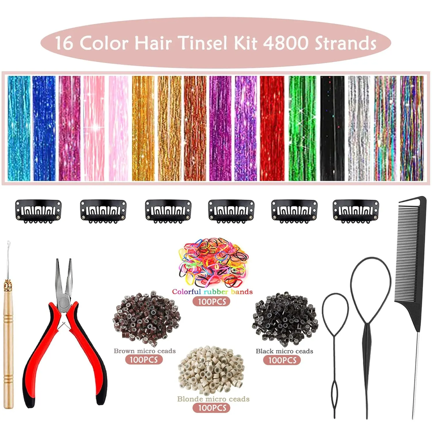 Hair Tinsel Kit (48 Inch, 16 Colors, 5200 Strands), Glitter Tinsel Hair Extensions with Tools, Fairy Heat Resistant Hair Tinsel Accessories for Women Girls Kids