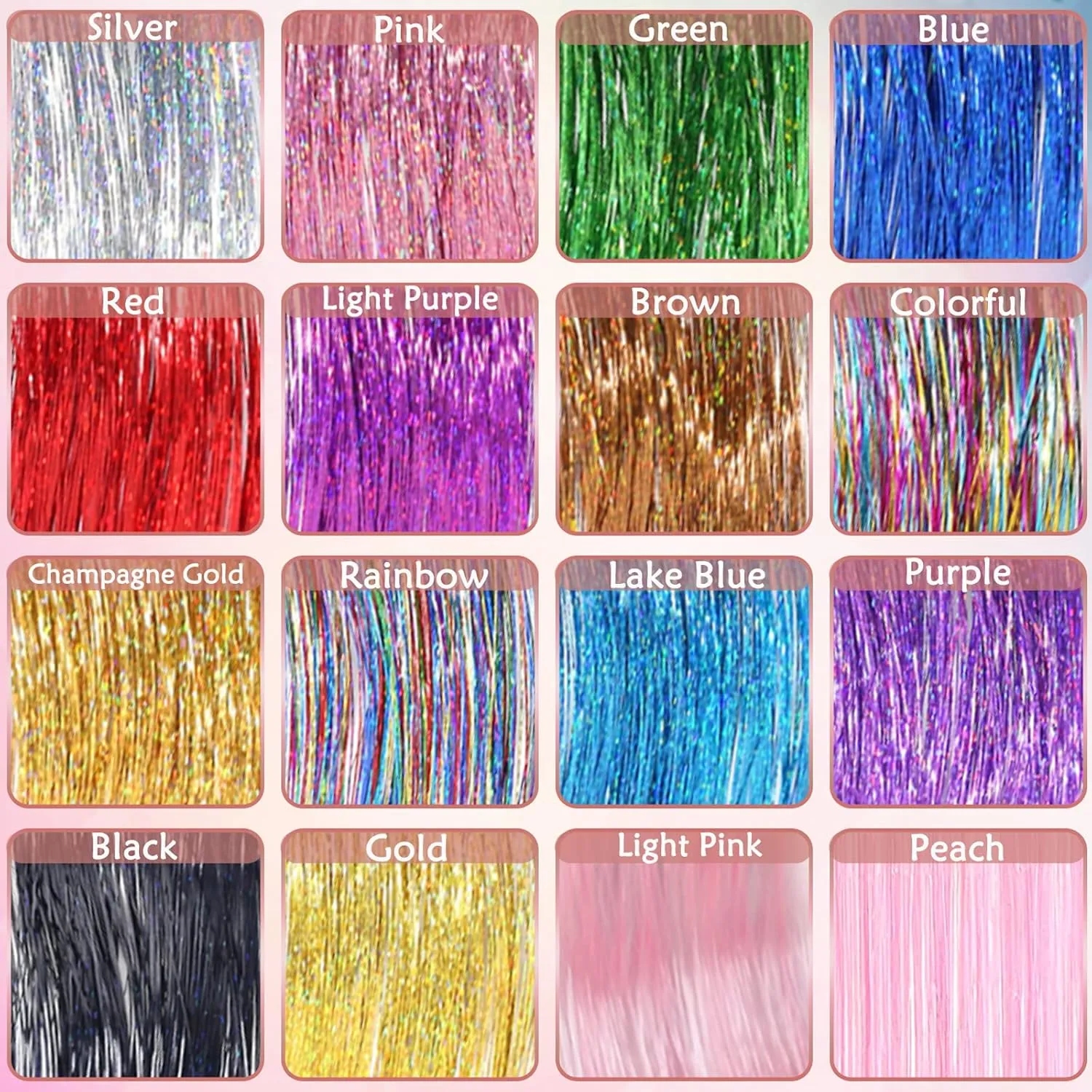 Hair Tinsel Kit (48 Inch, 16 Colors, 5200 Strands), Glitter Tinsel Hair Extensions with Tools, Fairy Heat Resistant Hair Tinsel Accessories for Women Girls Kids