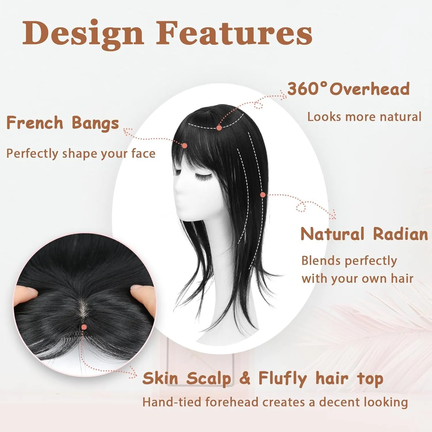 Hair Topper with Bangs, 360° 3D Cover Toppers for Women, Hair Pieces for Women with Thinning Hair，Clip in Bangs with Topper (Black)
