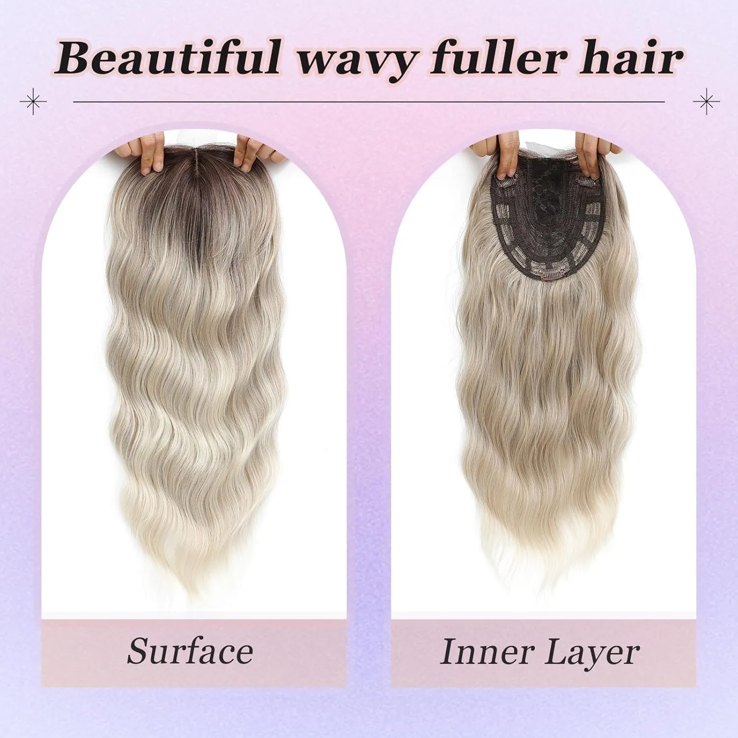 Hair Toppers for Women, 20 Inch Long Curly Wavy Hair Topper 360° 3D French Clip in Bangs (Ash Blonde Mix Highlights with Light Brown Root, Side Bangs)