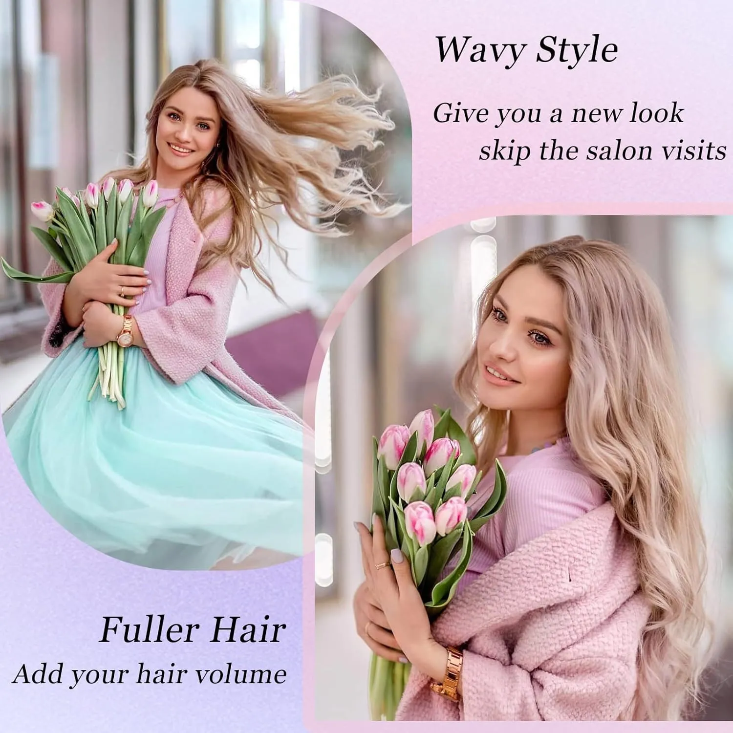 Hair Toppers for Women, 20 Inch Long Curly Wavy Hair Topper 360° 3D French Clip in Bangs (Ash Blonde Mix Highlights with Light Brown Root, Side Bangs)