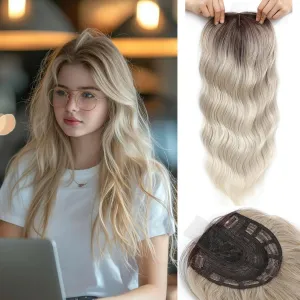 Hair Toppers for Women, 20 Inch Long Curly Wavy Hair Topper 360° 3D French Clip in Bangs (Ash Blonde Mix Highlights with Light Brown Root, Side Bangs)