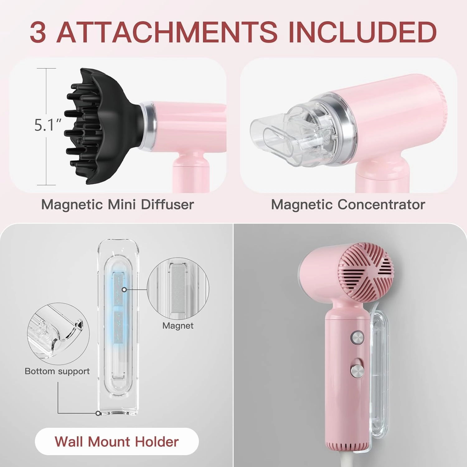 Hair Dryer, [Super Mini] Ionic High-Speed Travel Blow Dryer with Diffuser 200 Million Negative Ions, 110,000RPM Brushless Motor for Home Salon Fast Drying Portable Lightweight, Pink