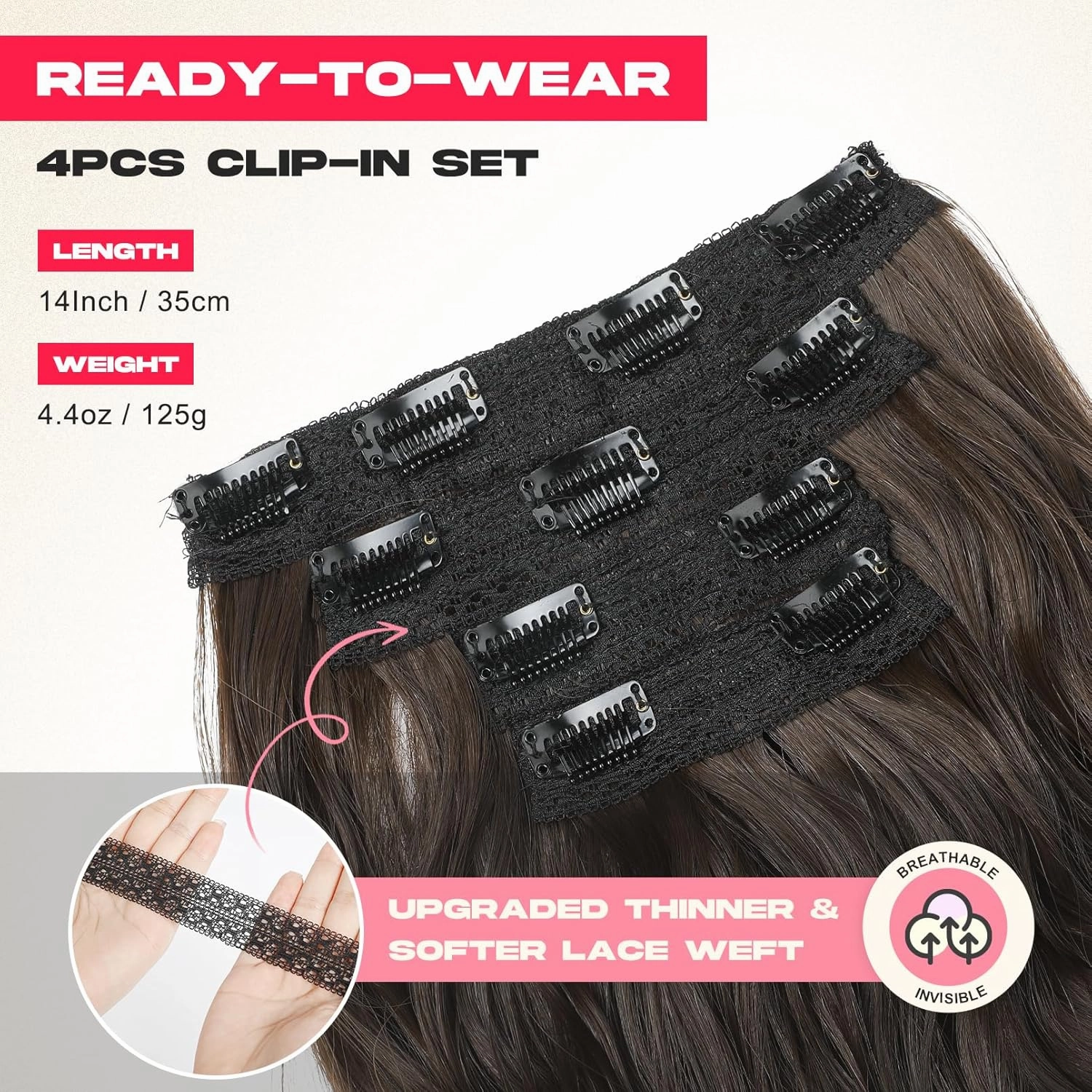 Hair Extensions, 14" Short Clip in Hair Extensions 4PCS Beach Wave Brown Hair Extensions Natural Soft Synthetic Hairpiece for Women - Chocolate Brown
