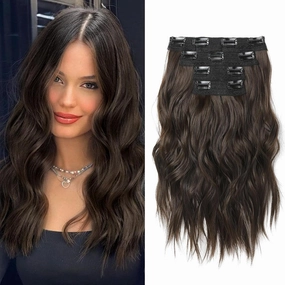 Hair Extensions, 14" Short Clip in Hair Extensions 4PCS Beach Wave Brown Hair Extensions Natural Soft Synthetic Hairpiece for Women - Chocolate Brown