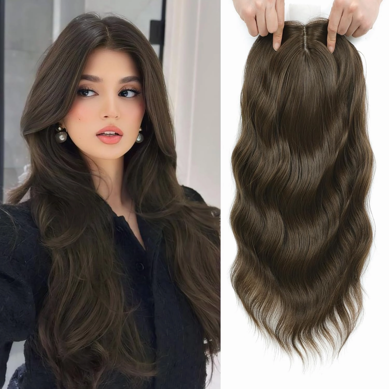 Hair Topper, 3D Hair Toppers for Women with Thinning hair, 16 Inch Pieces for Women Middle Part Clip in Bangs Synthetic Curly Wavy (6/8)
