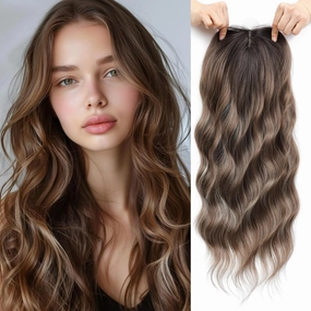 Hair Toppers for Women, 20 Inch Long Curly Wavy Hair Topper 360° 3D French Clip in Bangs (Highlights Brown with Brown Root, Side Bangs)