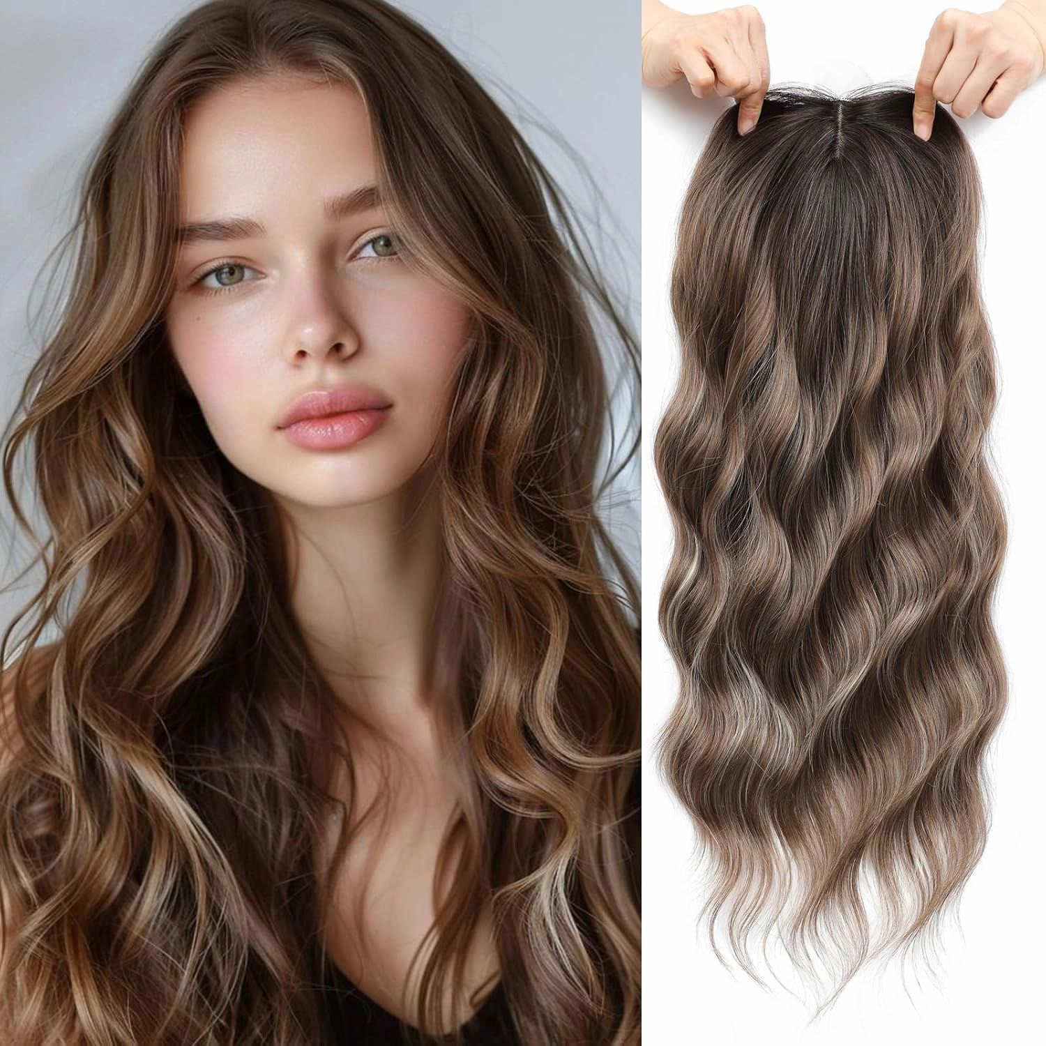 Hair Toppers for Women, 20 Inch Long Curly Wavy Hair Topper 360° 3D French Clip in Bangs (Highlights Brown with Brown Root, Side Bangs)