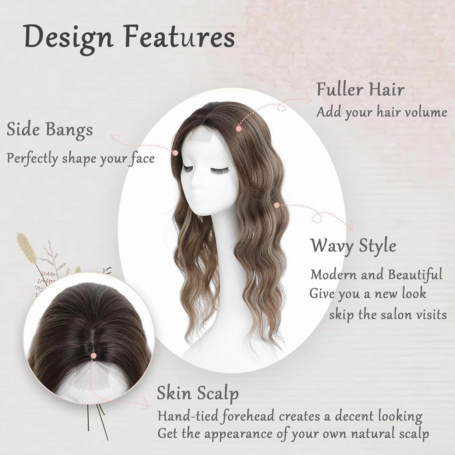 Hair Toppers for Women, 20 Inch Long Curly Wavy Hair Topper 360° 3D French Clip in Bangs (Highlights Brown with Brown Root, Side Bangs)