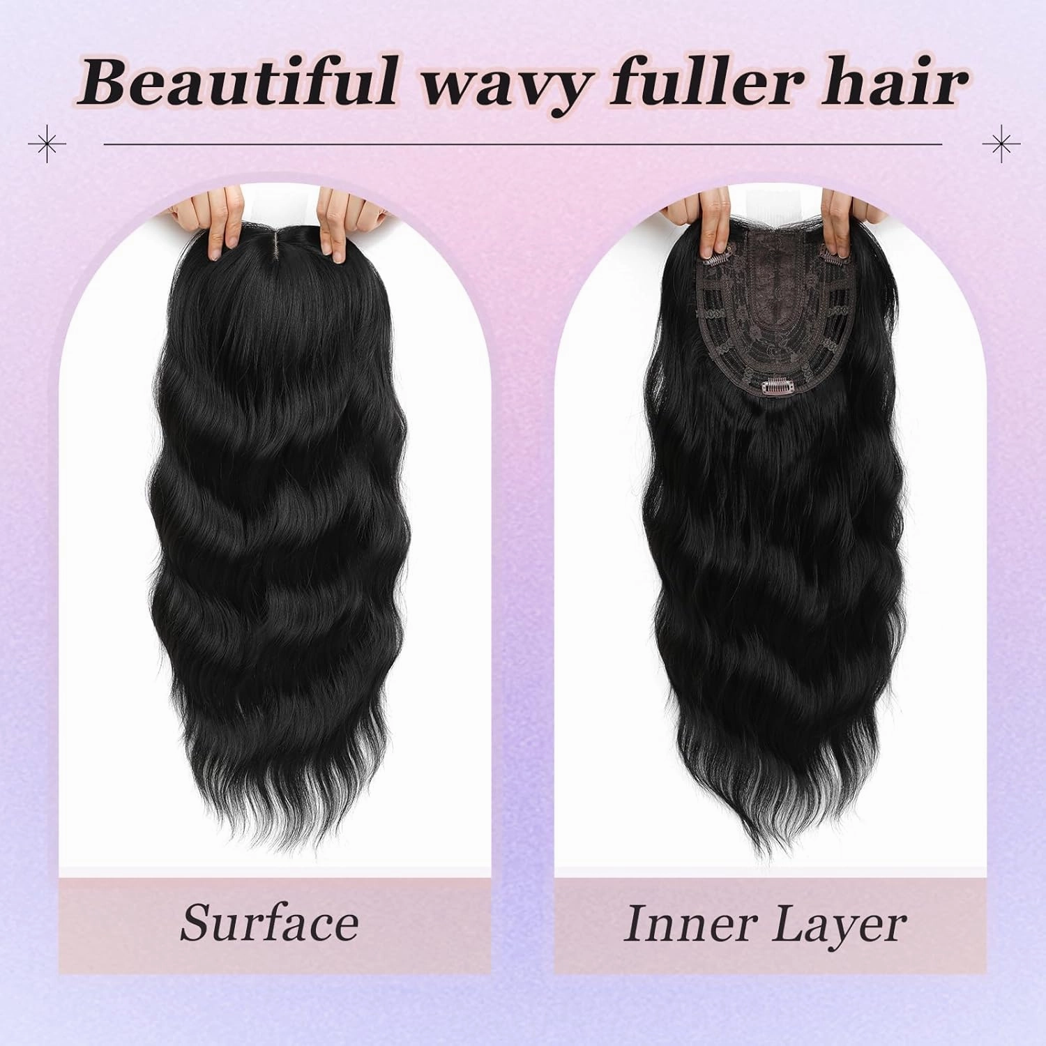 Hair Toppers for Women, 20 Inch Long Curly Wavy Hair Topper 360° 3D French Clip in Bangs (Natural Black, Side Bangs)
